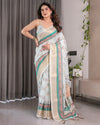 Ivory White Handloom Linen Saree with Royal Palace & Elephant Print | Gold Zari Border & Tassels | 5.5m Saree + 0.8m Blouse