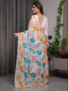 White Satin Georgette Lotus Floral Printed Saree with Attached Blouse – Buy Online | Shree Roop