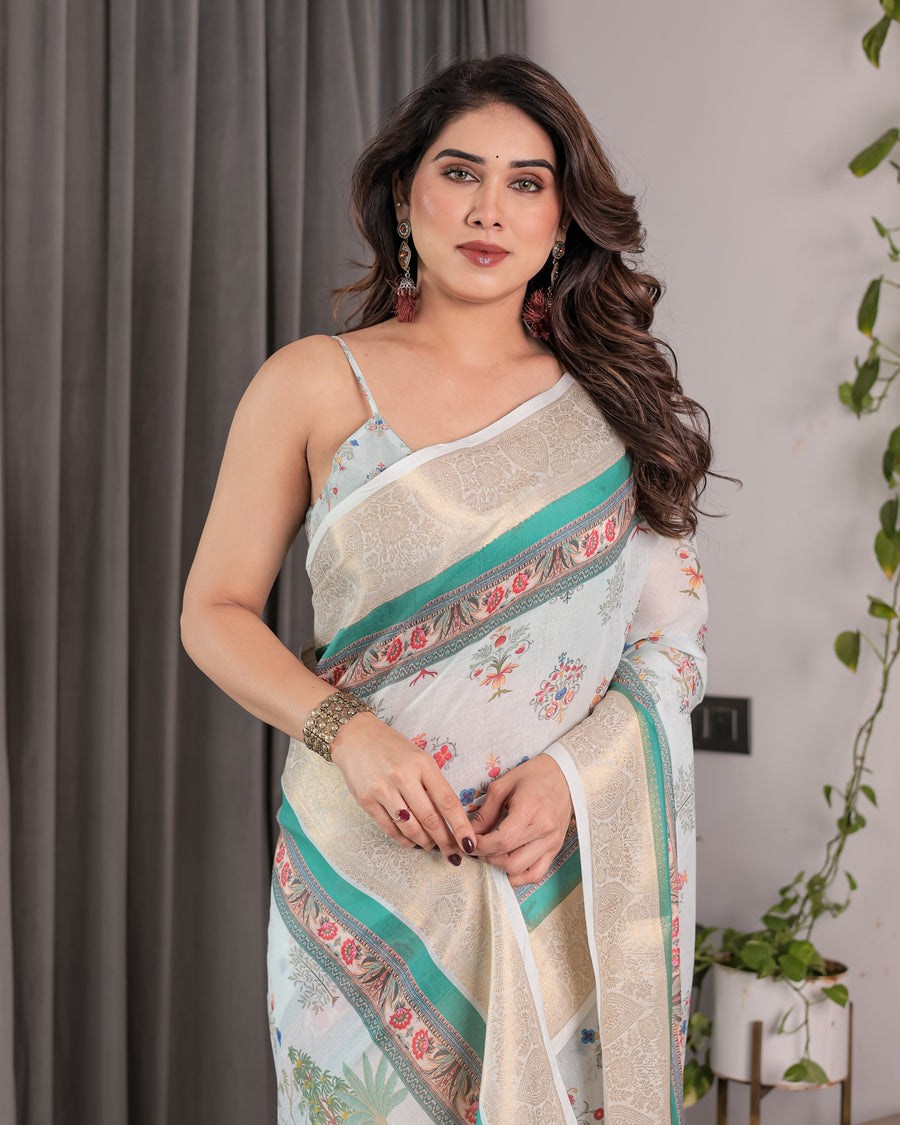 Ivory White Handloom Linen Saree with Royal Palace & Elephant Print | Gold Zari Border & Tassels | 5.5m Saree + 0.8m Blouse
