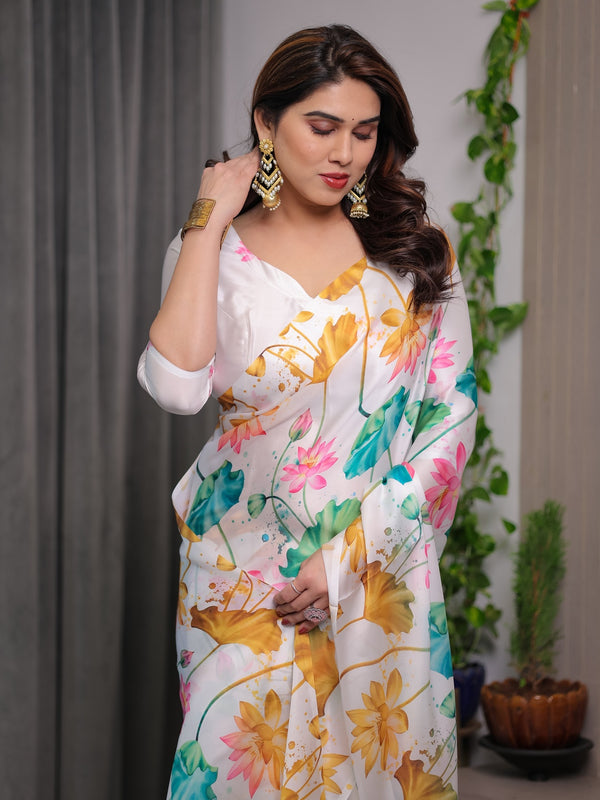 White Satin Georgette Lotus Floral Printed Saree with Attached Blouse – Buy Online | Shree Roop