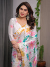 White Satin Georgette Lotus Floral Printed Saree with Attached Blouse – Buy Online | Shree Roop