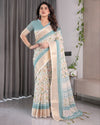 Ivory White Handloom Linen Saree with Aqua Floral Print & Gold Zari Border | Printed Pallu with Tassels | 5.5m Saree + 0.8m Blouse