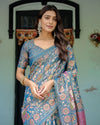 Dusty Blue Handloom Cotton Saree with Floral Print & Pink Cow Lotus Motif Pallu