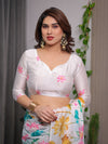 White Satin Georgette Lotus Floral Printed Saree with Attached Blouse – Buy Online | Shree Roop