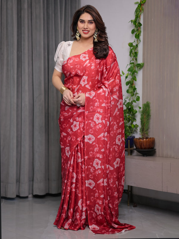 Red Satin Georgette Floral Printed Saree with Attached Blouse – Party & Festive Wear | Buy Online
