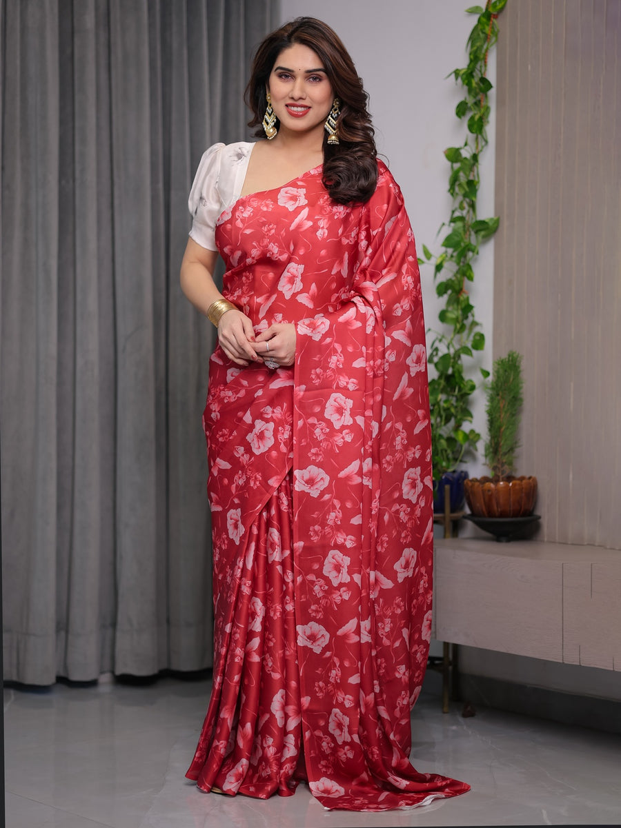 Red Satin Georgette Floral Printed Saree with Attached Blouse – Party & Festive Wear | Buy Online