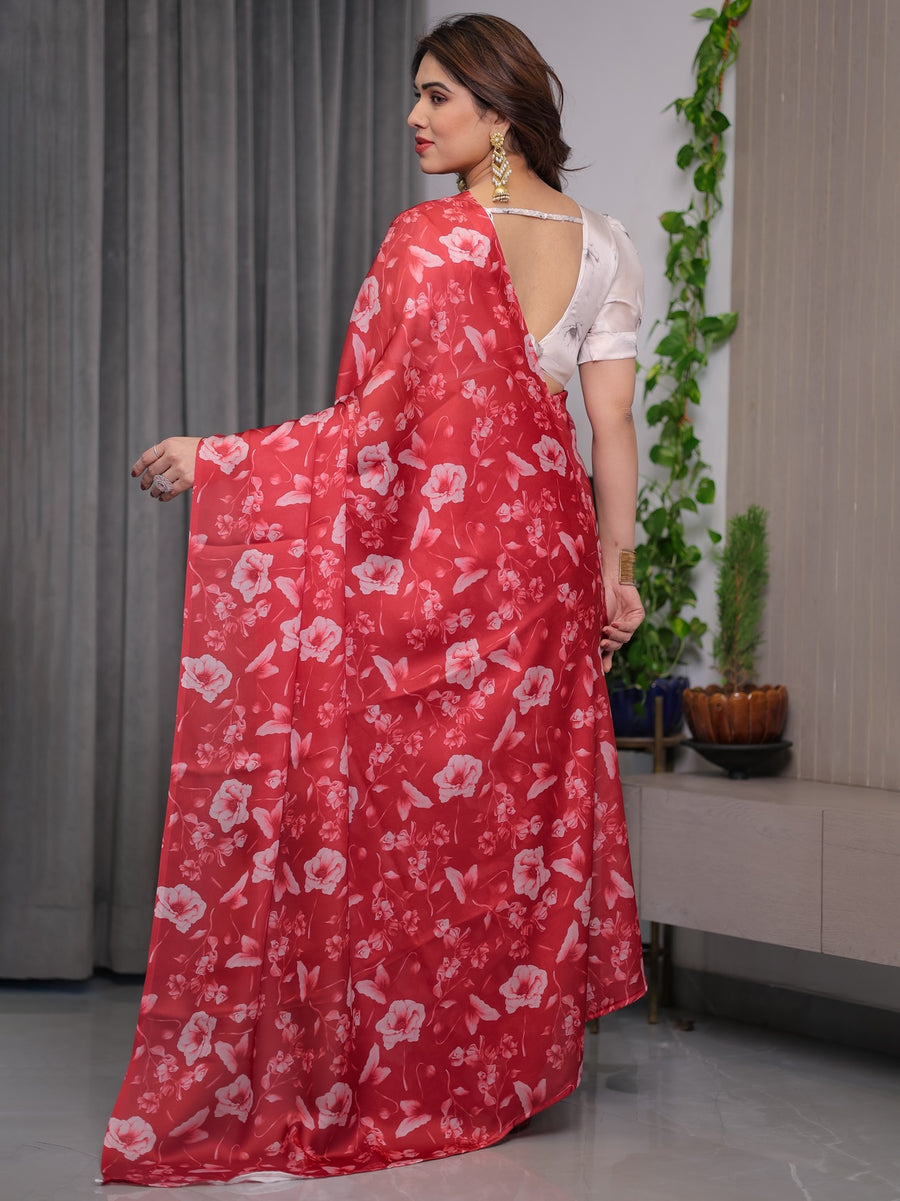 Red Satin Georgette Floral Printed Saree with Attached Blouse – Party & Festive Wear | Buy Online