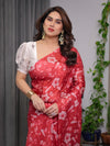 Red Satin Georgette Floral Printed Saree with Attached Blouse – Party & Festive Wear | Buy Online