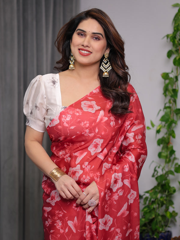 Red Satin Georgette Floral Printed Saree with Attached Blouse – Party & Festive Wear | Buy Online
