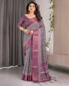 Dusty Purple Handloom Linen Printed Saree with Zari Border, Geometric Floral Motifs & Tasselled Pallu | Attached Blouse Piece | 5.5m Saree + 0.8m Blouse