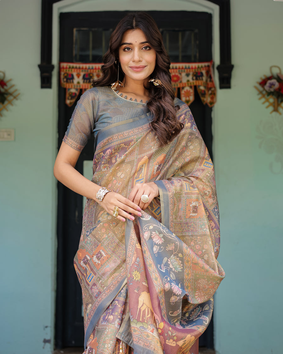 Rust Beige Handloom Cotton Saree with Royal Animal Caravan & Scenic Village Pallu
