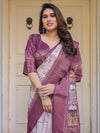 Wine Purple Handloom Cotton Printed Saree with Floral Panel Pallu, Ornamental Border & Tassels – Festive Ethnic Wear