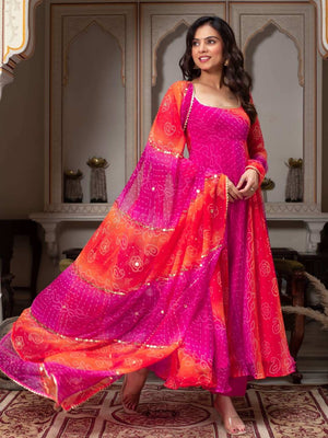 Pink and orange Bandhani print Anarkali suit front view - Shree Roop