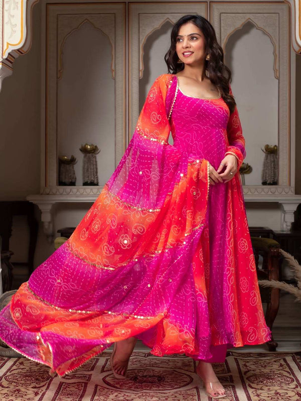 Pink and orange Bandhani print Anarkali suit front view - Shree Roop
