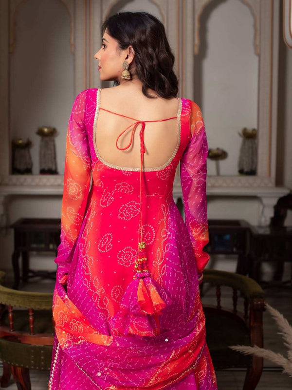 Pink and orange Bandhani print Anarkali suit with matching dupatta - Shree Roop