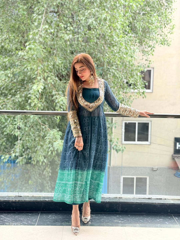 Close-up of Real Mirror Work on Neckline and Sleeves - Shree Roop Deep Teal Kurti Set