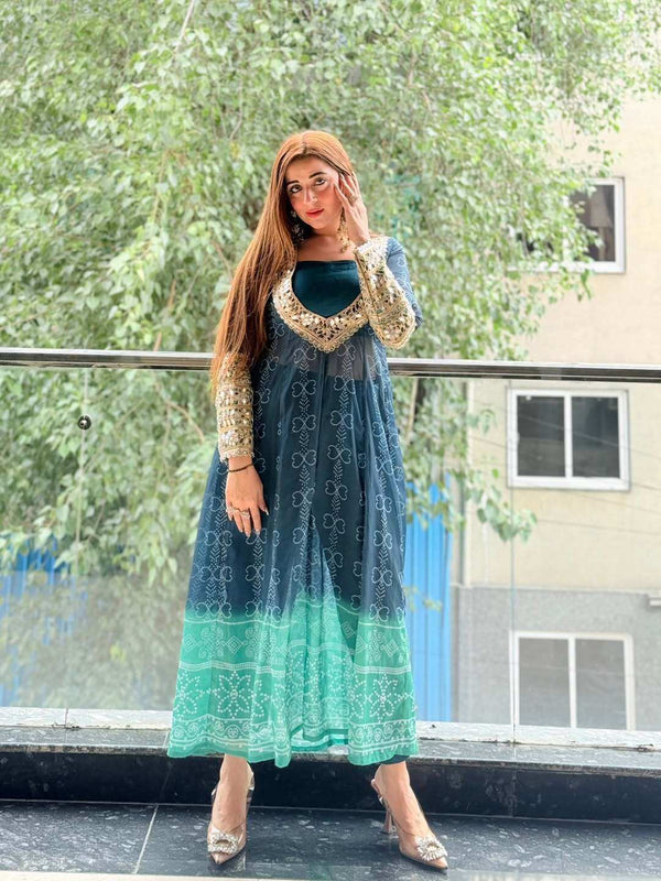 Deep Teal Faux Georgette Kurti Set Front View - Shree Roop with Real Mirror Work