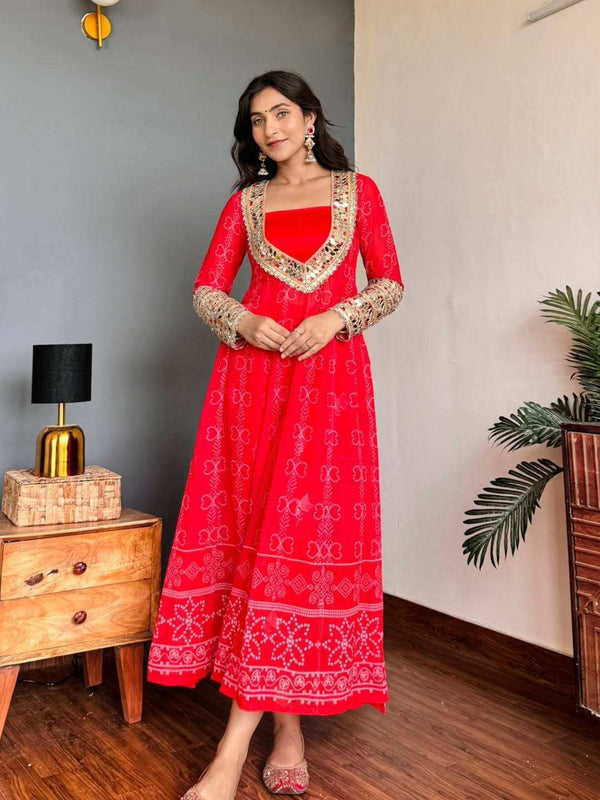 Red Faux Georgette Kurti Set Front View with Real Mirror Work - Shree Roop