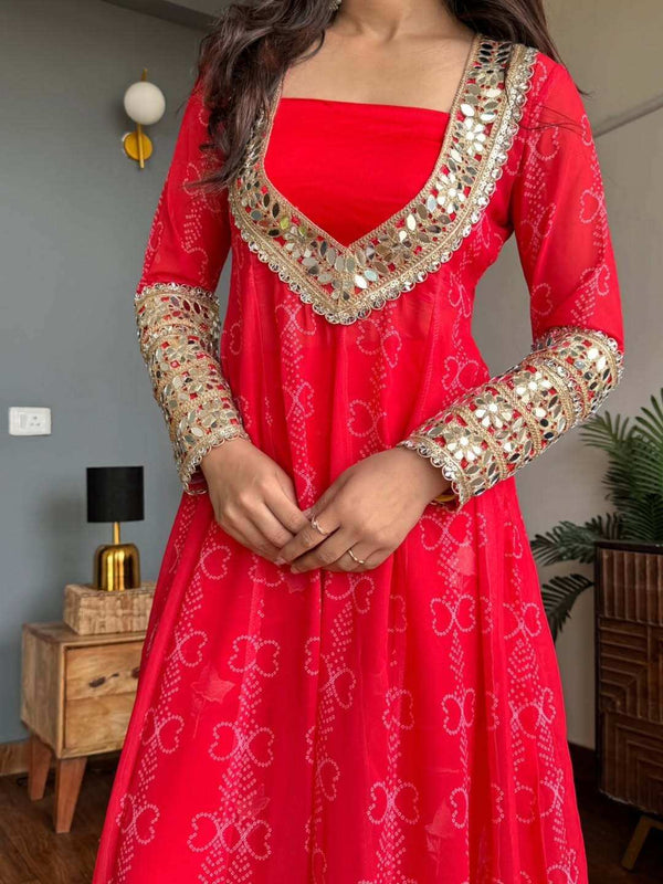 Red Georgette Kurti Set Back View with White Mirror Work - Shree Roop