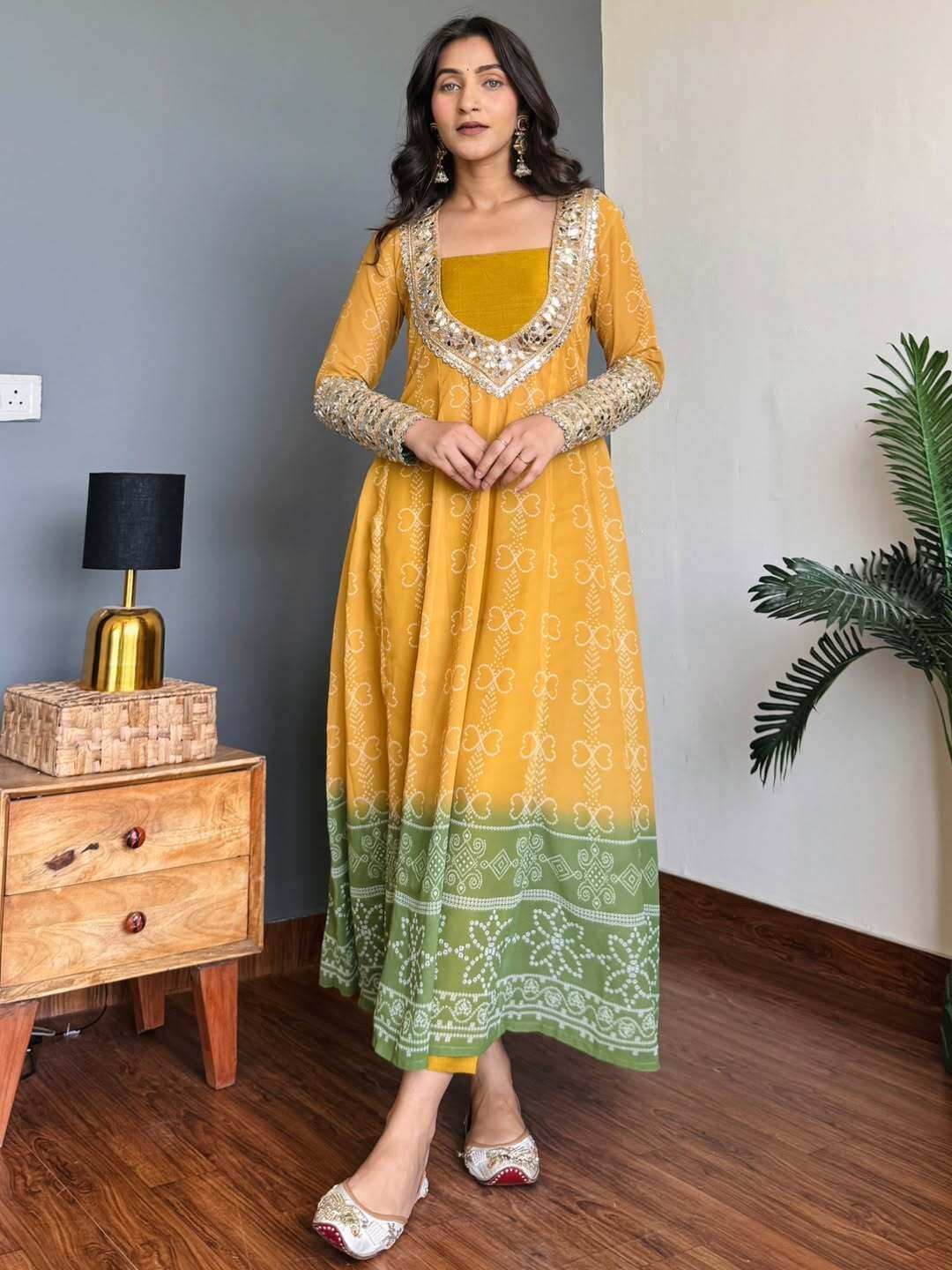 Mustard Yellow & Green Georgette Kurti Set | Mirror Work – 3-Piece Festive Wear | Buy Online - SHREE ROOP