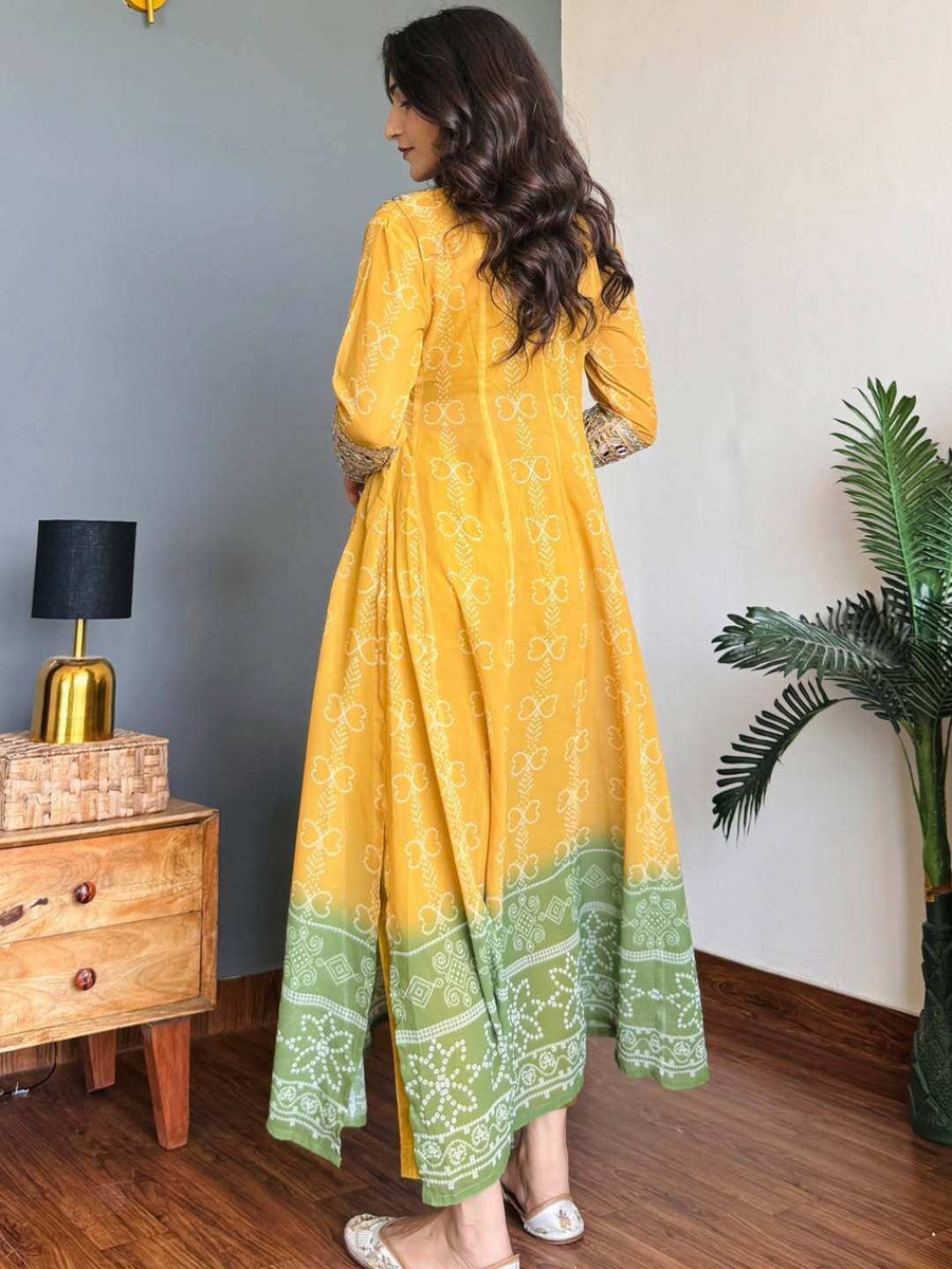 Mustard Yellow & Green Faux Georgette Kurti Set Front View - Shree Roop