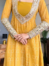 Mirror Work Detail Close-up on Mustard Yellow Faux Georgette Kurti - Shree Roop