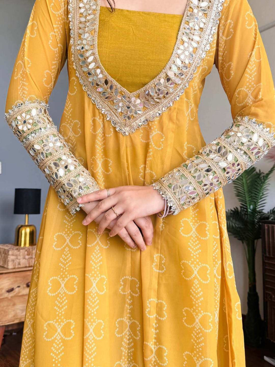 Mirror Work Detail Close-up on Mustard Yellow Faux Georgette Kurti - Shree Roop