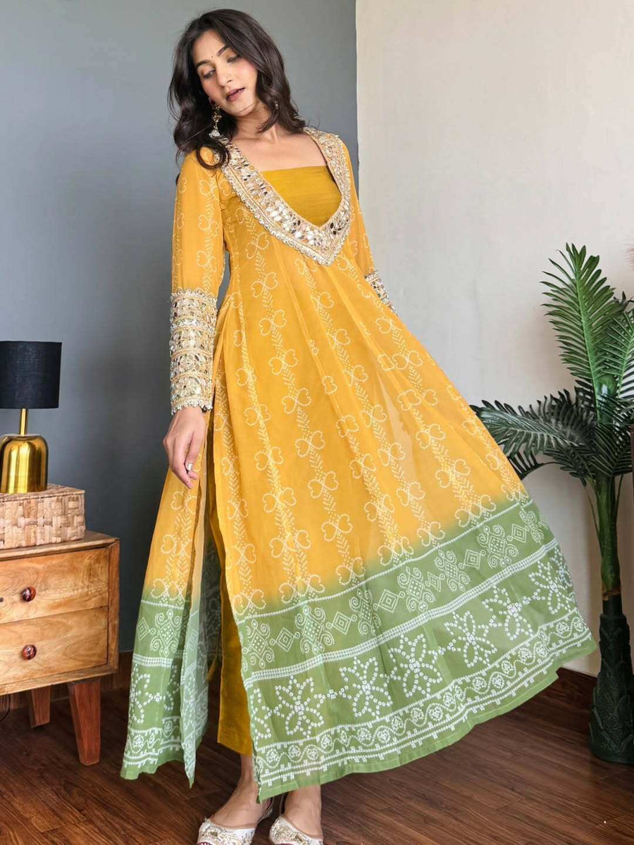 Full Length View of Mustard Yellow & Green Faux Georgette Kurti Set - Shree Roop