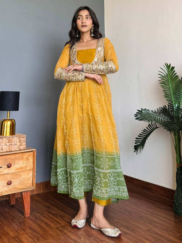 Mustard Yellow & Green Faux Georgette Kurti Set with Mirror Work - Shree Roop