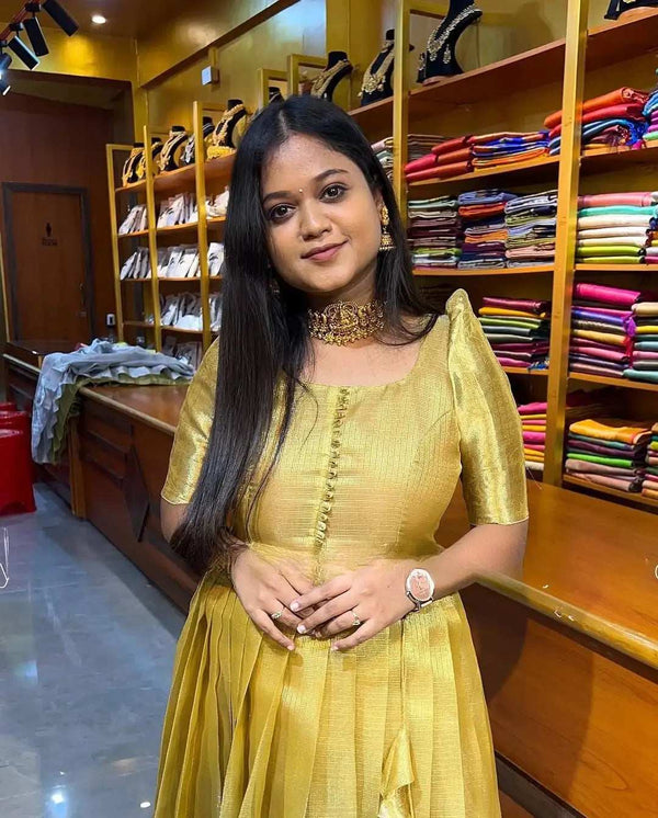Golden Tissue Silk Gown Back View - Shree Roop