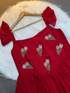 Red Vichitra Silk Handwork Gown Detail Close-up of Beads & Kardana Embroidery - Shree Roop