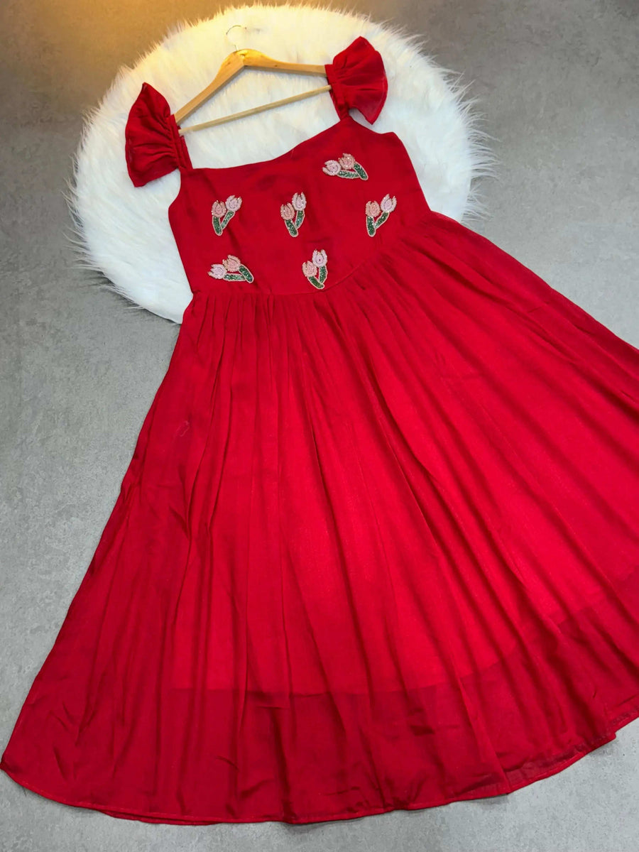 Red Vichitra Silk Gown Back View with Beads & Kardana Embroidery - Shree Roop