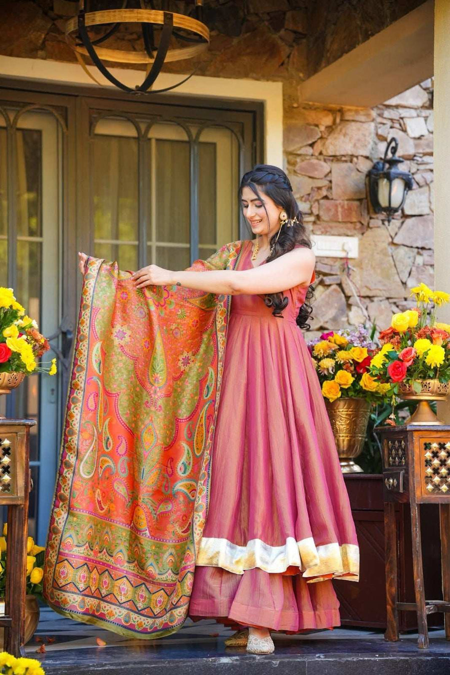 Close-up of Heavy Printed Dupatta on Peach Pink Sharara Set - Shree Roop