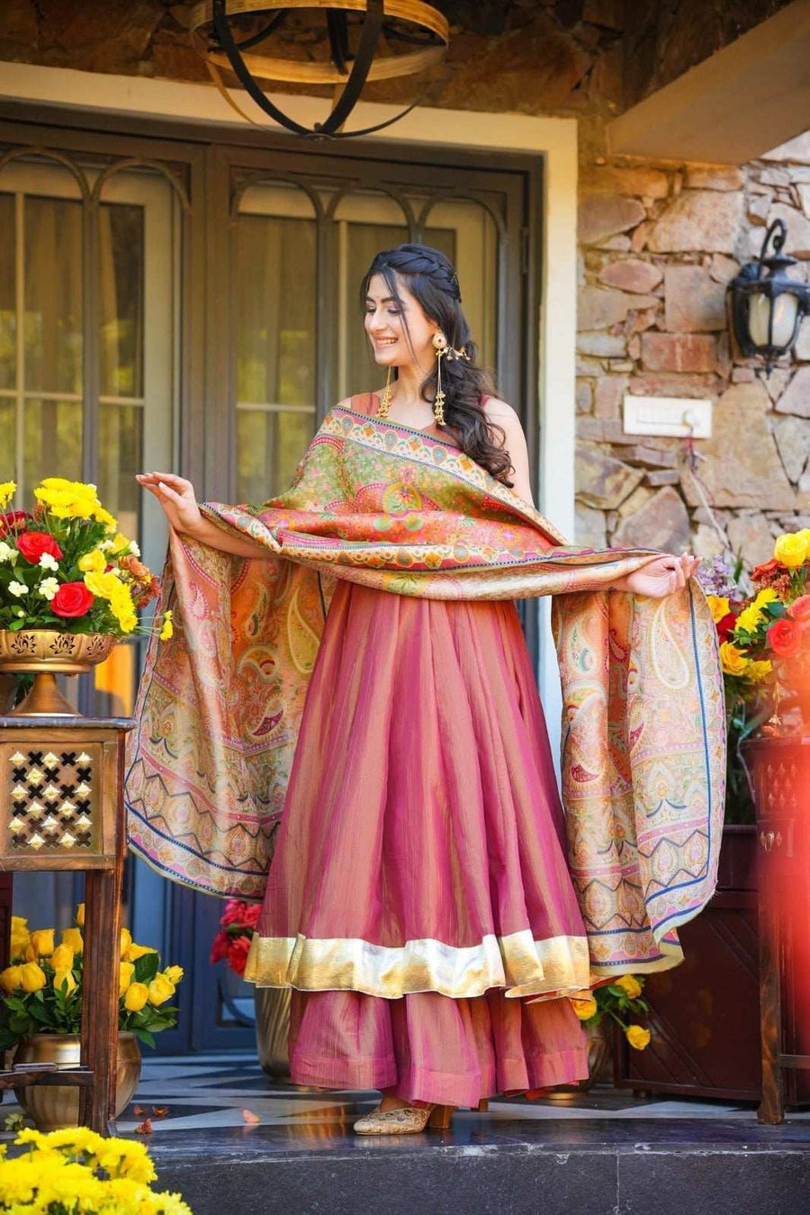 Peach Pink Kurti Set Back View Showing Stitched Sharara Details - Shree Roop