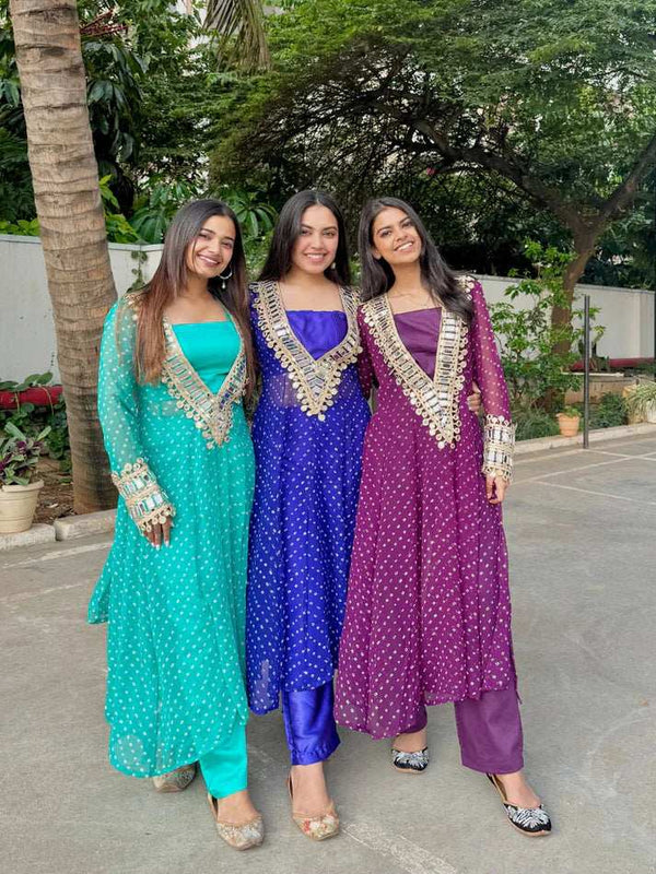 Mehendi Green Designer Mirror Work Anarkali Suit Set Front View - Shree Roop