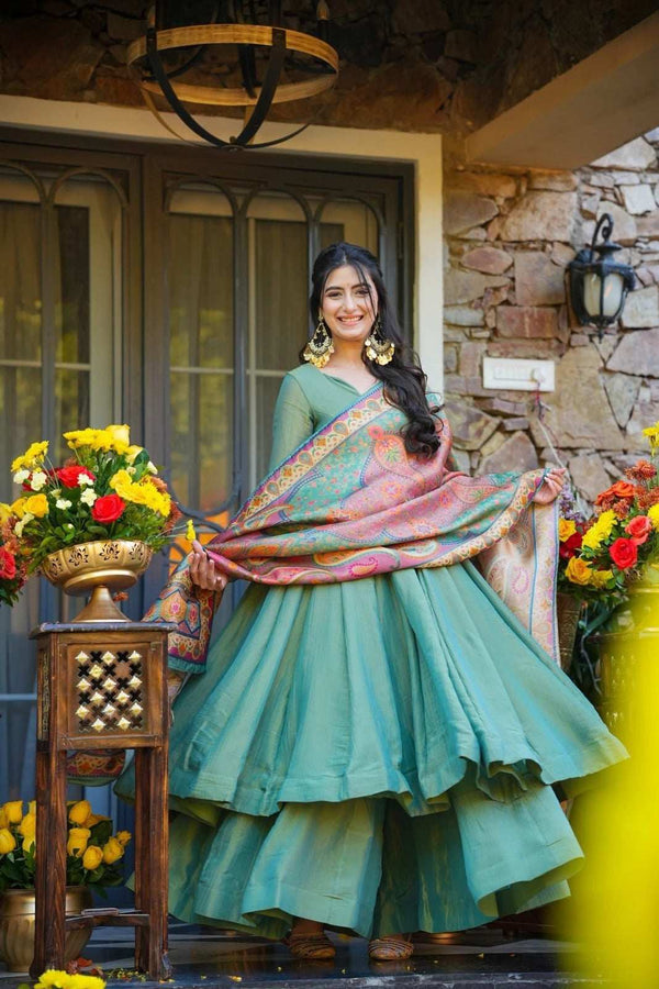 Mehendi Green Printed Premium NC Silk Kurti Sharara Set Front View - Shree Roop