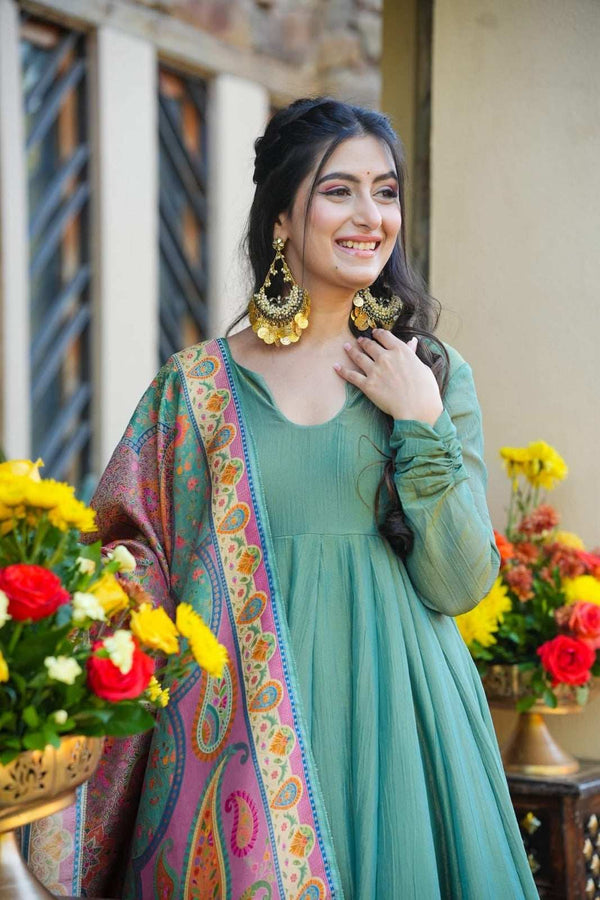 Mehendi Green Printed Premium NC Silk Kurti Sharara Set Back View - Shree Roop