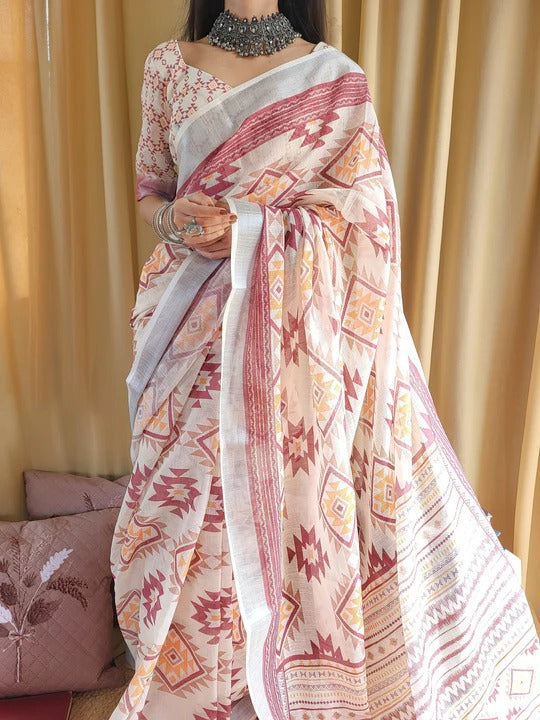 Ivory Linen Saree with Geometric Tribal Prints & Tassel Accents