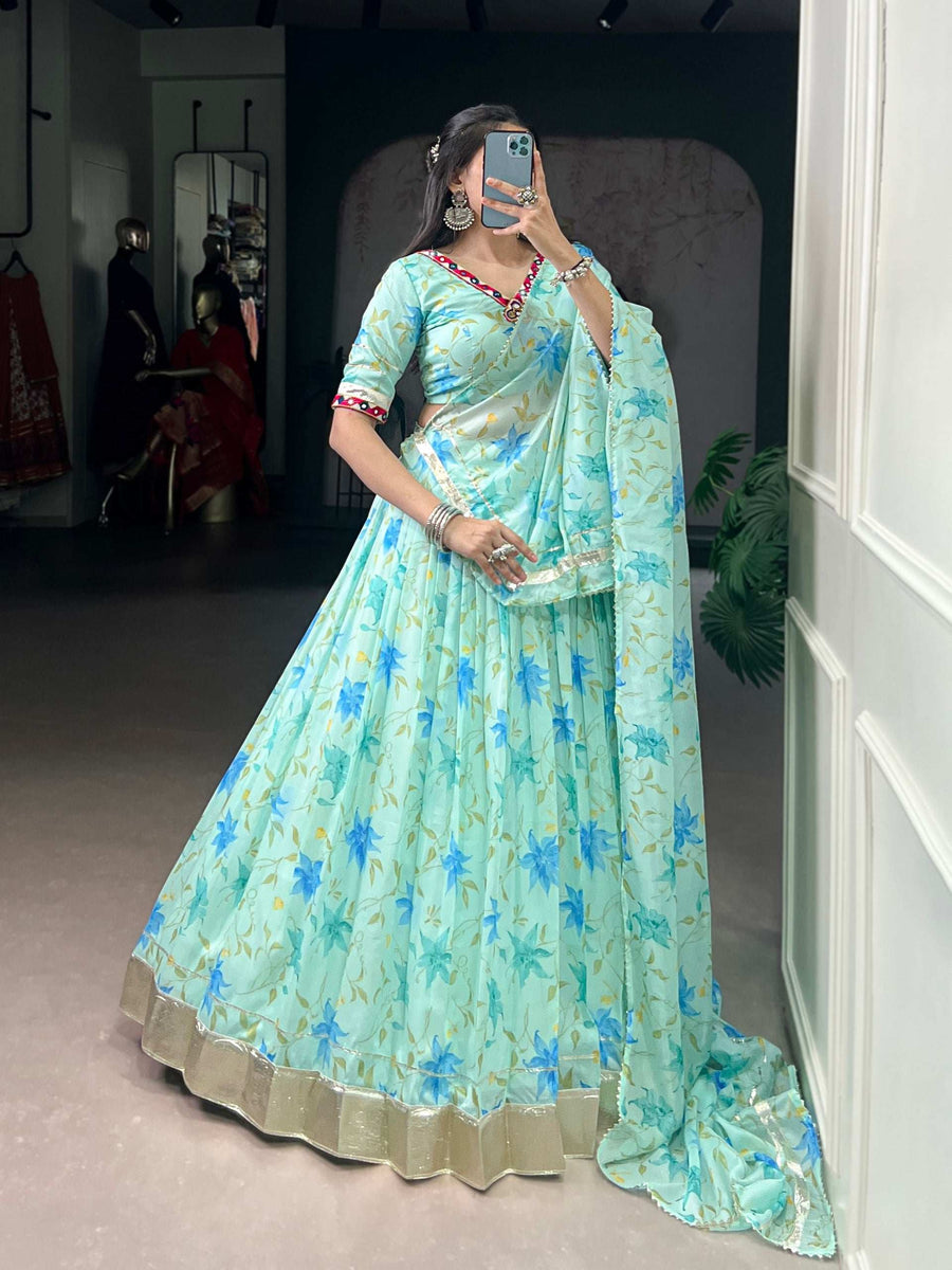 LNB Floral Tabby Silk Lehenga in Multicolor with Embossed Design and Lace Touch Up Back View - Shree Roop