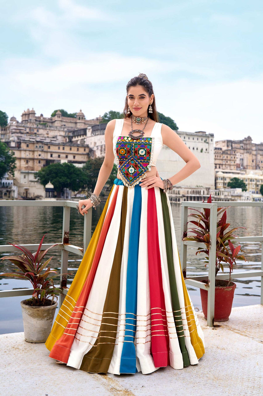 LBN Navratri Lehenga Back View Showcasing Original Mirror Gamthi Work and Cowrie Lace - Shree Roop