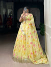 Close-up of LNB Floral Tabby Silk Lehenga Detail with Embossed Floral Print and Lace Trim - Shree Roop