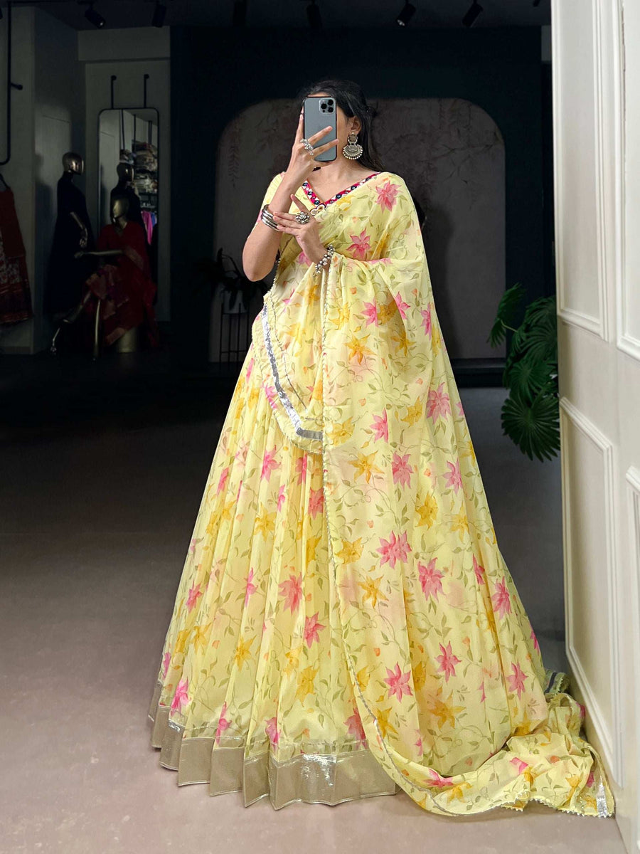 Close-up of LNB Floral Tabby Silk Lehenga Detail with Embossed Floral Print and Lace Trim - Shree Roop