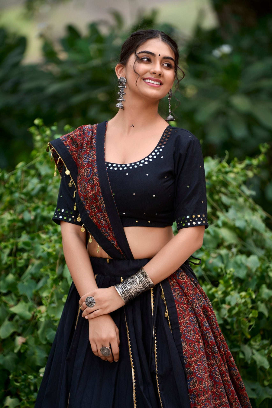 Black cotton lehenga choli with mustard dupatta and coin lace border detail - LNB