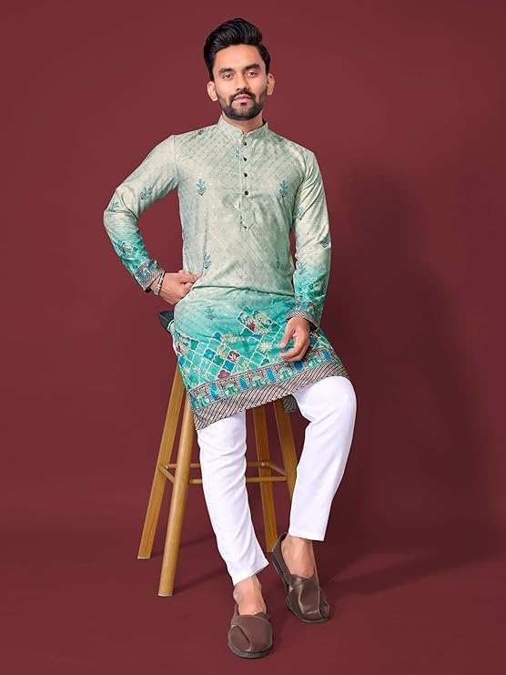 Full Length View of Beige Cotton Kurta Set with Pyjama - Shree Roop