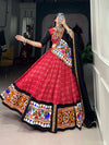 Close-up of Red LNB Lehenga Gamthi and Mirror Work for Navratri - Shree Roop