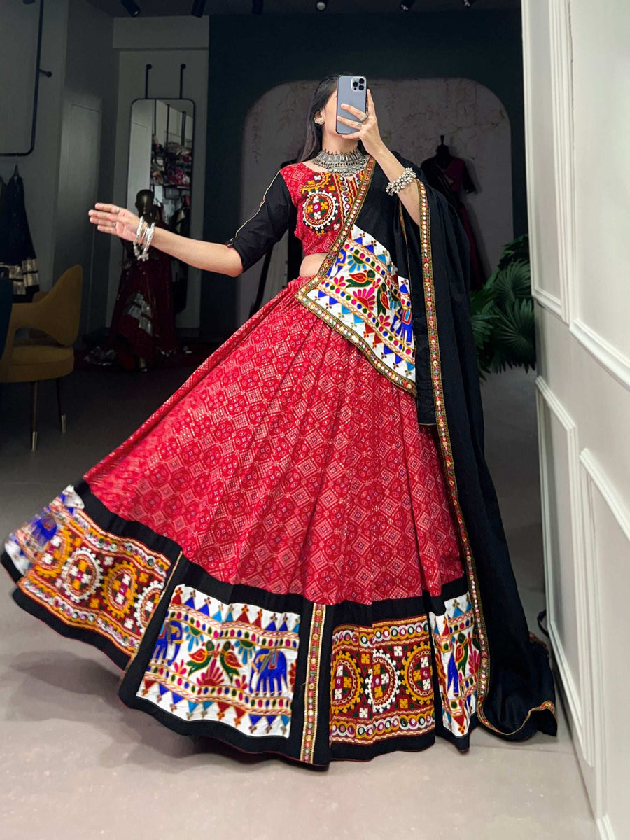 Close-up of Red LNB Lehenga Gamthi and Mirror Work for Navratri - Shree Roop