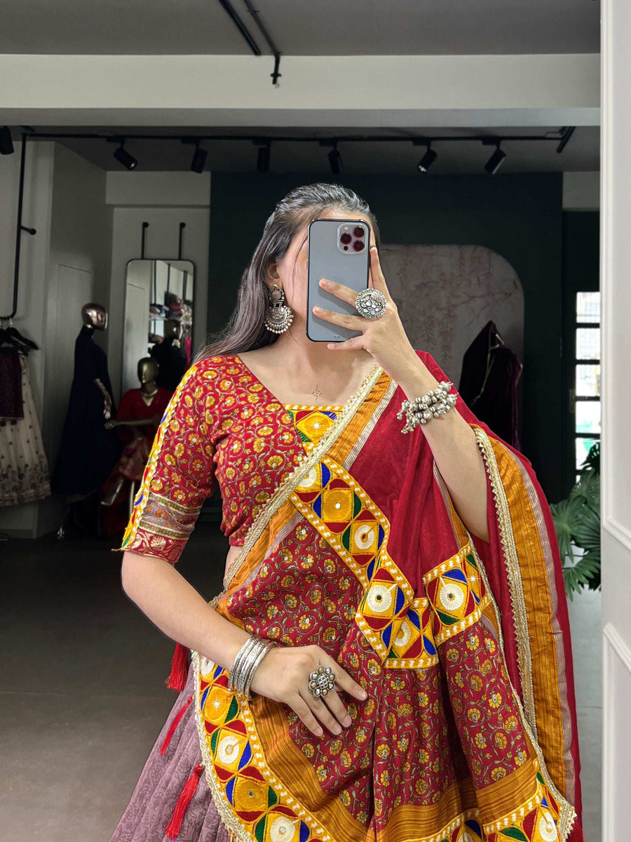 Full Length View of LNB Tasar Silk Lehenga Choli with Dupatta and Tassels - Shree Roop