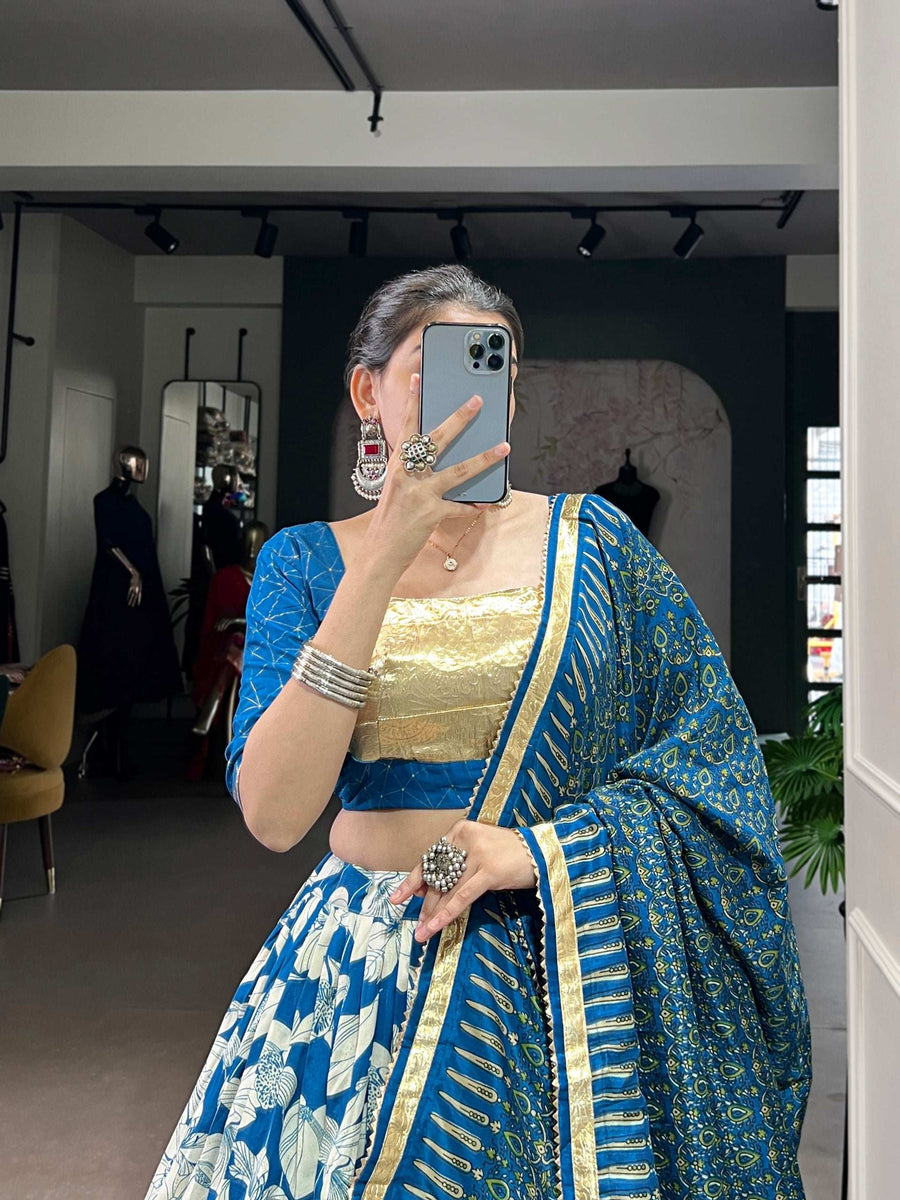 LNB Tasar Silk Lehenga Choli with Dupatta Print and Foil Work Back View - Shree Roop