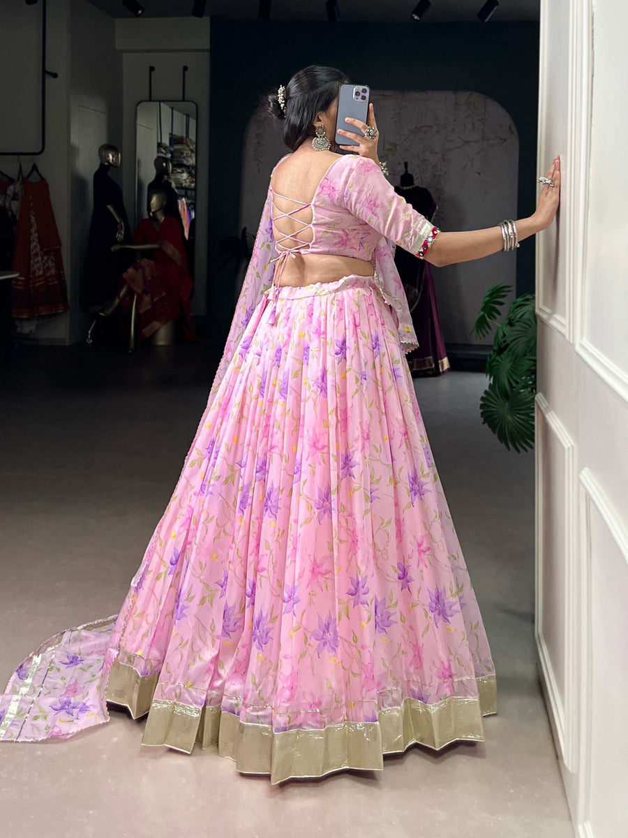 Full Length View of LNB Floral Tabby Silk Lehenga with Stitched Blouse and Dupatta for Festive Occasions - Shree Roop