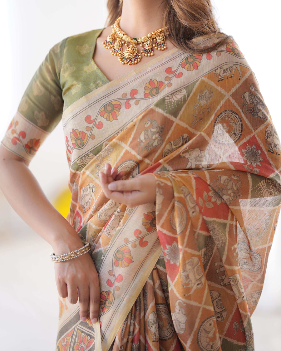 Multicolor Zari Woven Handloom Cotton Saree | Animal & Floral Motifs with Tassels – Buy Online